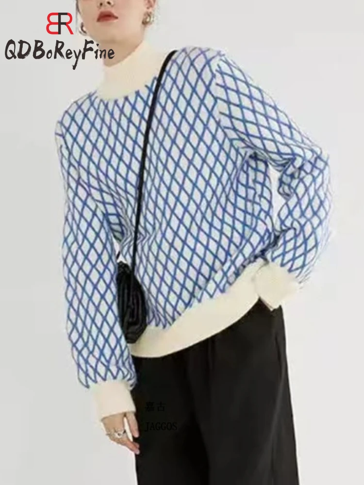 

Women Knitted Sweater Elegant Long Sleeve Winter 2023 New Plaid Casual Loose Knit Streetwear Thick Warm Oversized Pullover