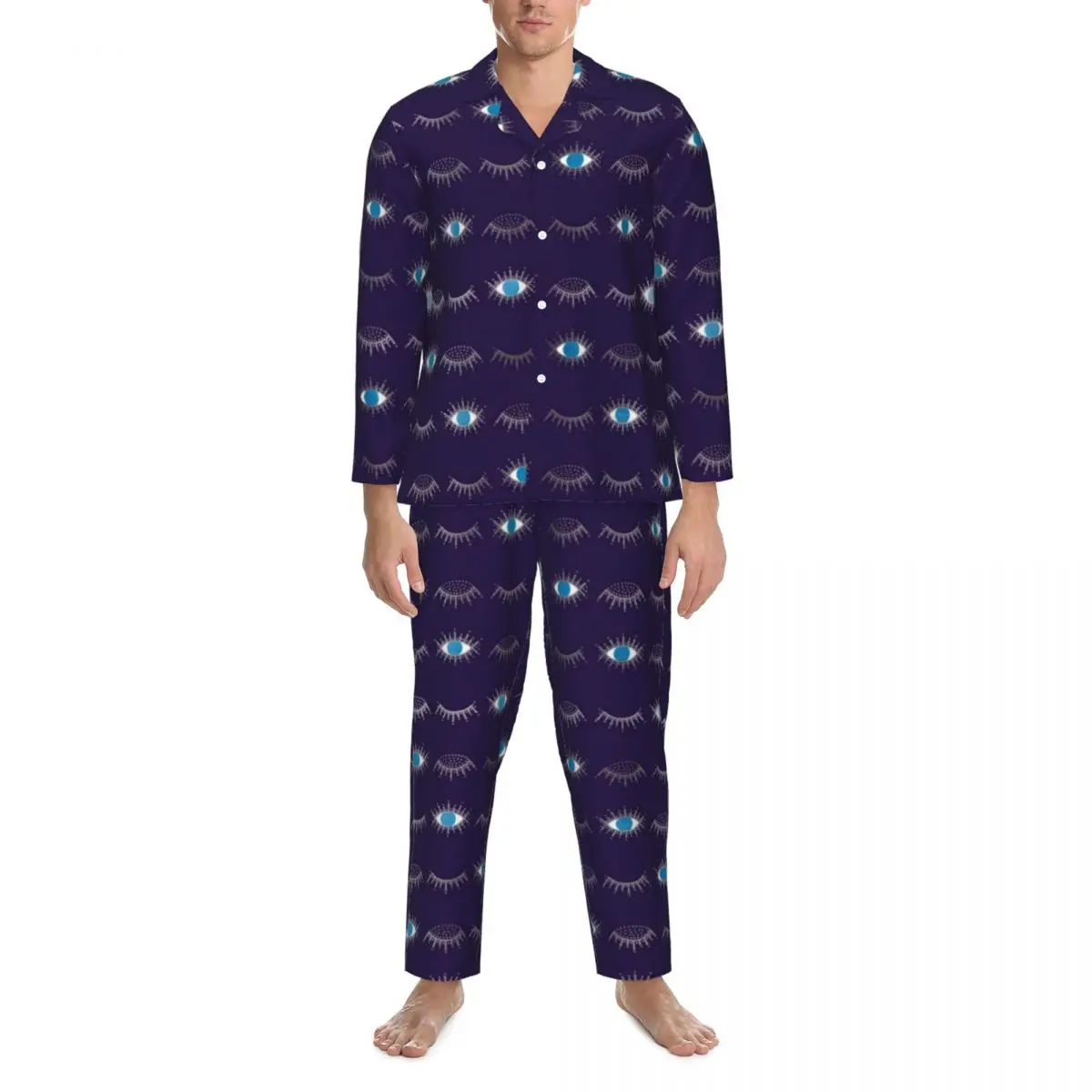 

Pajamas Men Blue Evil Eye Night Sleepwear Nazar Mati Print Two Piece Vintage Pajama Set Long Sleeve Kawaii Oversized Home Suit