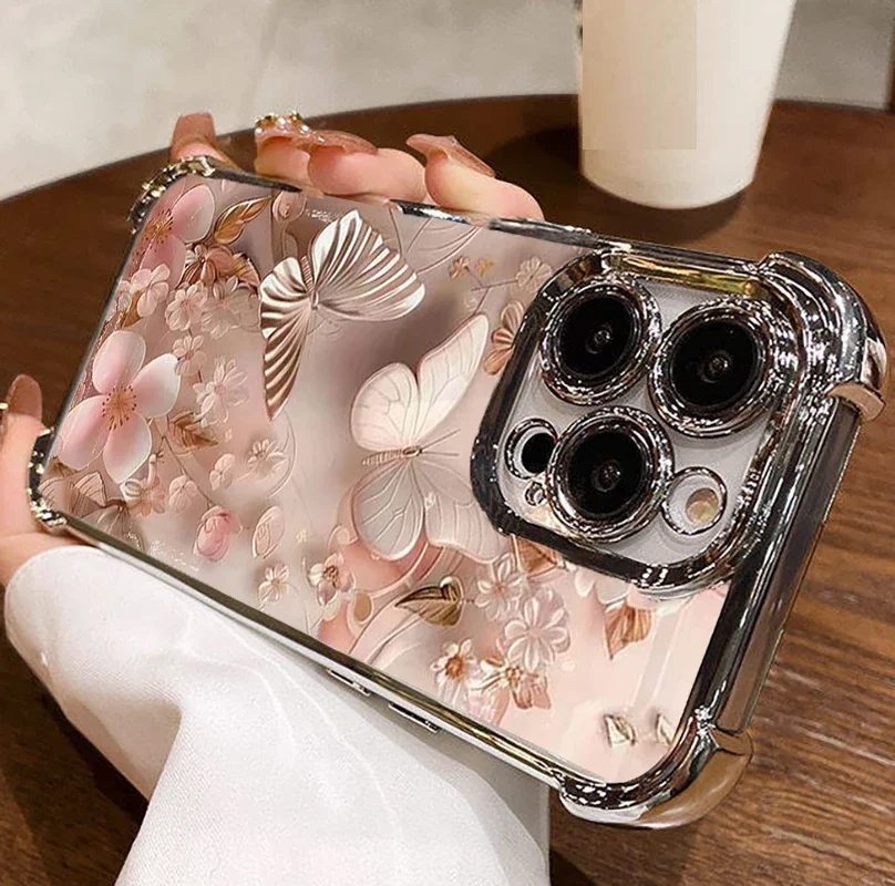 Elegant Flower Butterfly Plating Shockproof Phone Case Cover
