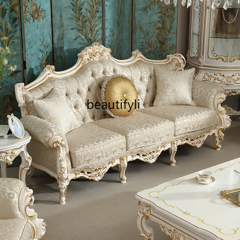 

French Fabric Sofa Combination Living Room Solid Wood Carved Luxury European Furniture Cream Style