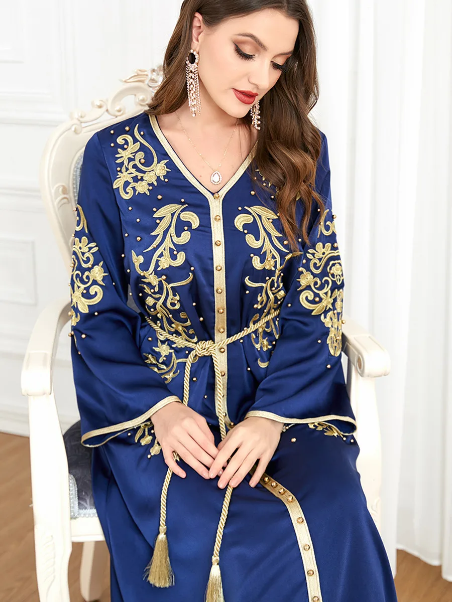 Muslim Abaya Long Dress Women 2023 Morocco Jalabiya Dubai Arab Islamic Clothing Embroidery Belted Kaftan Prom Dresses Vestidos