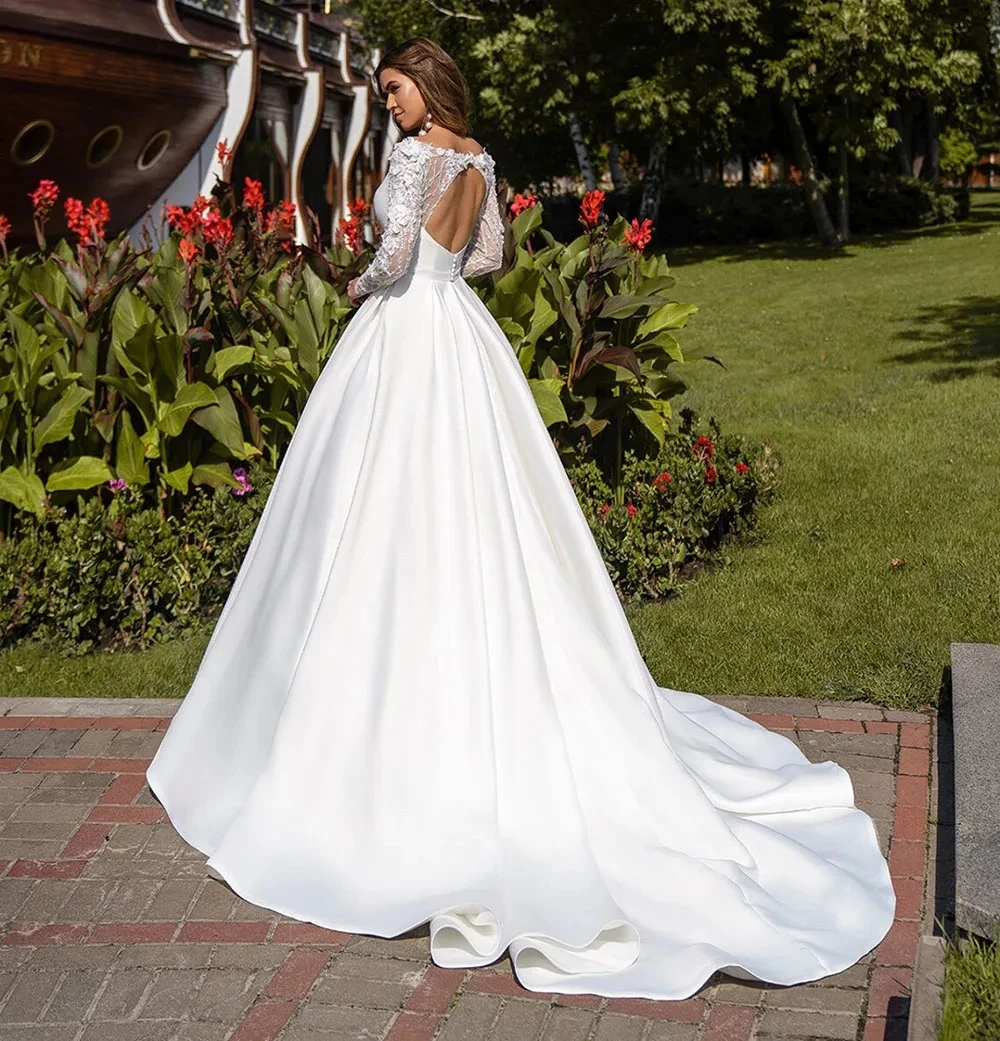 A-Line Elegant Wedding Dresses 2025 Satin Bridal Gowns Lace Appliques Boat Neck Robes Floor Length  Vestidos De Novia Customized 2