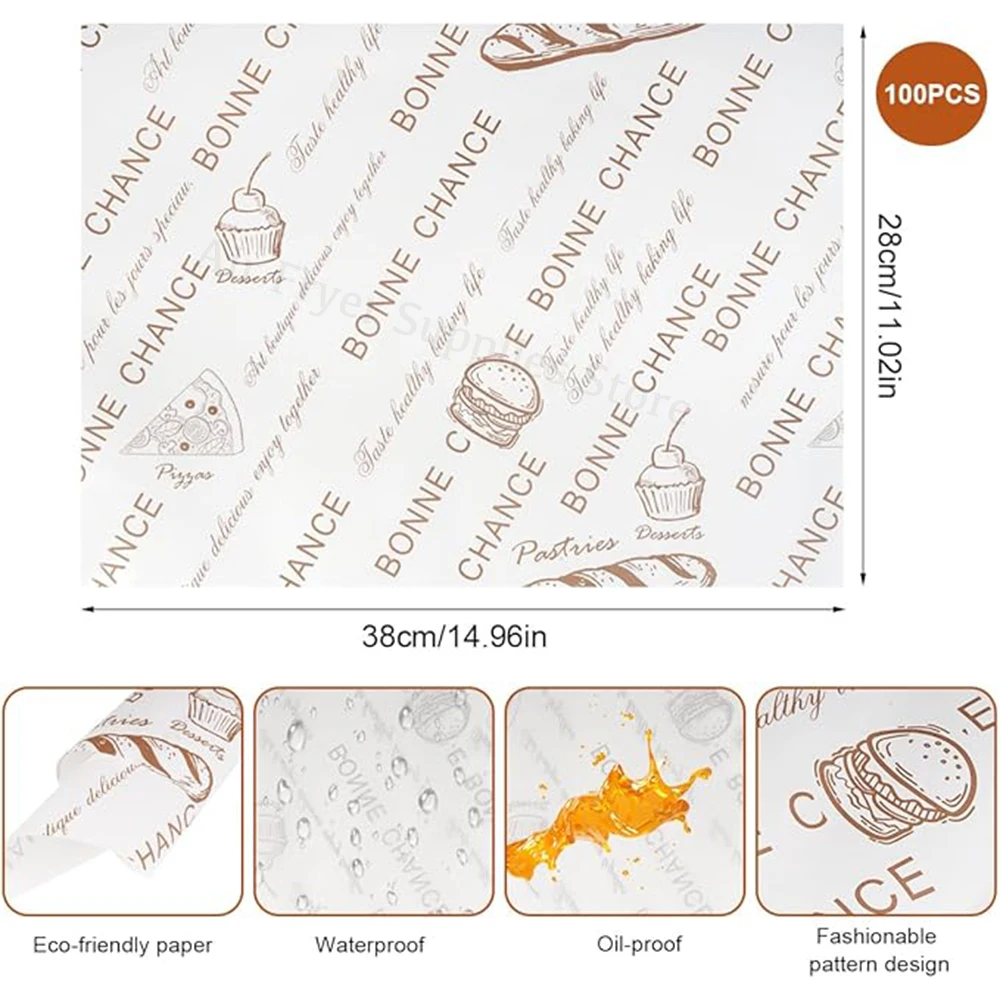 100Pcs Food Packaging Paper 38x28cm Disposable Baking Wax Paper Newspaper Food Wrap Liner for Burger Pizza Sandwich Cheese air fryer paper air fryer liners disposable air fryer liners air fryer accessories parchment baking paper
