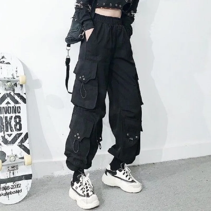 Qweek Gothic Black Cargo Pants Women 