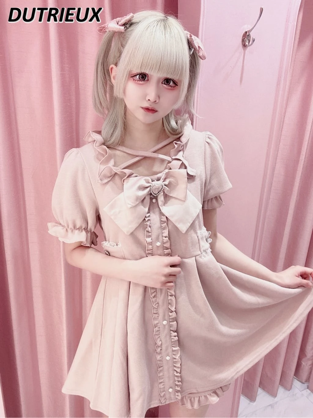 

Rojita Sets Fashion Japanese Style Sweet Lady Two Piece Set Big Bow Bow Tie Short Sleeve Slim-Fit Short Dress Shorts Suit Female