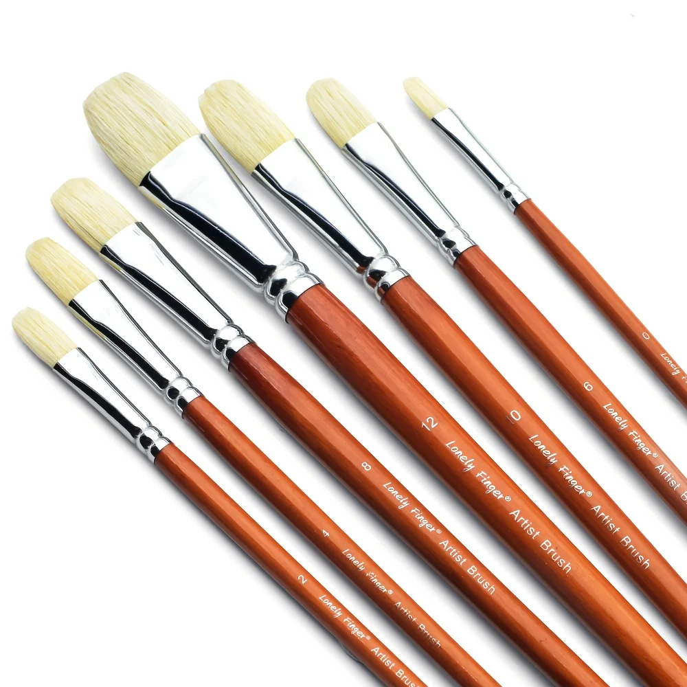 7pcs Premium Anti-Shedding Natural Hog Bristle Paint Brush Set with Long Wood Handles - Filbert Tips for Acrylic & Oil Painting 6