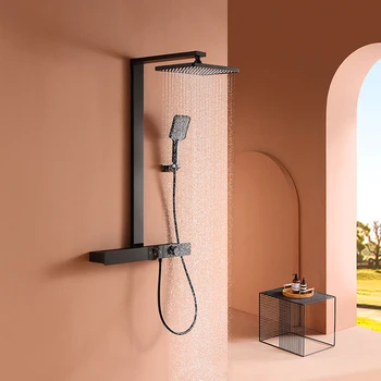 ชุดฝักบัวอาบน้ำทองเหลืองสีดำสำหรับใช้อาบน้ำในห้องน้ำฝักบัวปรับอุณหภูมิได้หลากหลาย 1