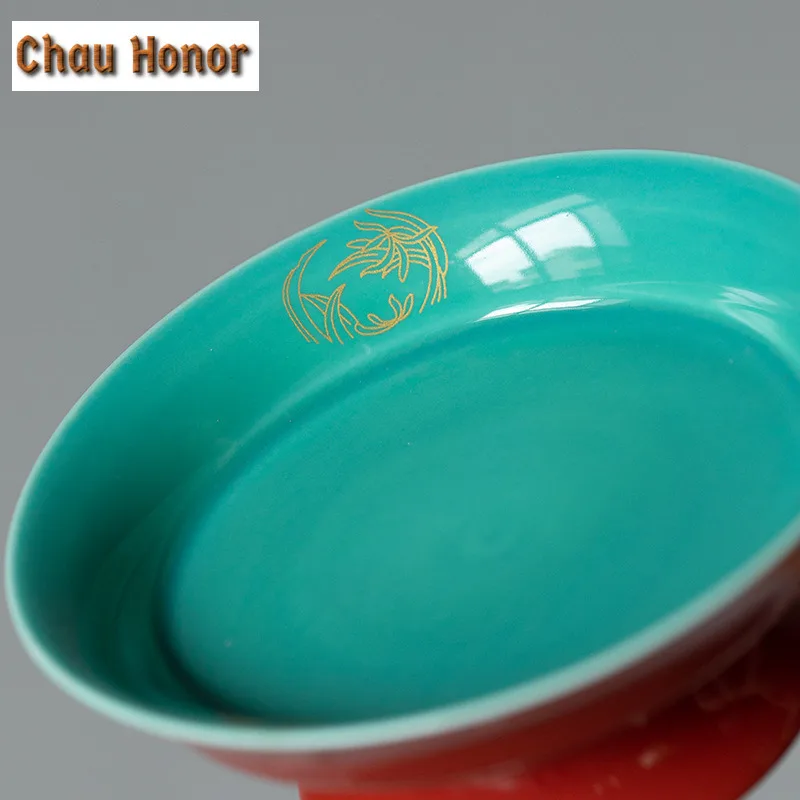 Boutique Palace Red Glaze Art Ceramic Tea Trays Household Chinese Style Zisha Teapot Bowl Holder Snack Fruit Plate Tea Ceremony