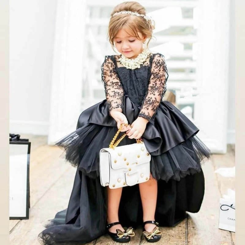 

Black Flower Girl Dresses Jewel Neck Appliqued Lace Girl Pageant Long Sleeves Ruched Satin Girl Birthday Party Wear