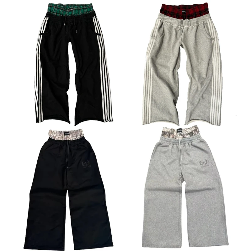 Y2K Casual Sweatpants Double Waist Checkered Camouflage Striped Side Splicing Wide Leg Pants American Style Trendy Streetwear wide leg pants fashion pants fashionable wide leg pants