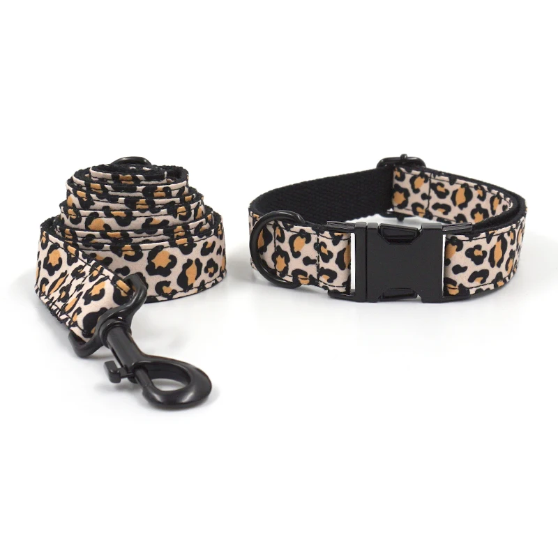 Pet Harness Leash Set Brown Leopard Dog Harness Boy Dogs Engraving Collar Leash Removable Bow Poop Bag Luxury