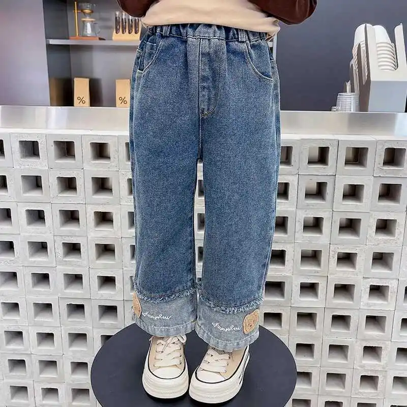 봄 가을 소녀 청바지 캐주얼 스트레이트 레그 롱 팬츠 유행하는 한국 버전 와이드 레그 아동 데님 바지