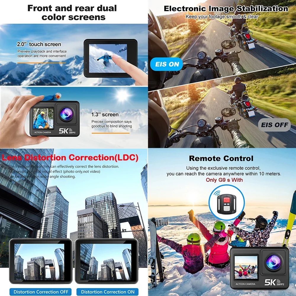 Action Camera G9SE 5K30fps 4K60fps 50MP 2.0 Touch LCD EIS DVR Webcam Dual Screen Wi-Fi 170D Waterproof 30M 5X Zoom Sports