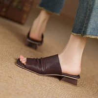 2026 NEW Summer Women Mules Genuine Leather Shoes for Women Open Toe Med Heel Shoes Slippers Pleated Modern Sandals - Image 3