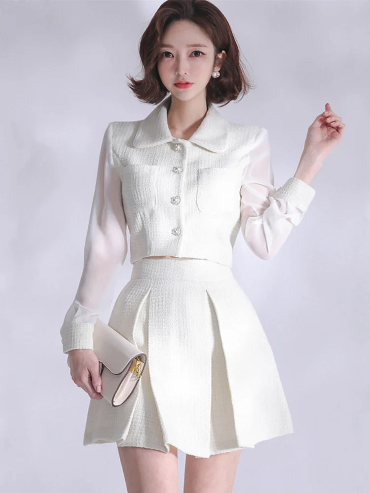 

Spring Autumn Tweed 2 Piece Outfits Suits Women Sexy Short Cropped Tops Coat Blazer Suit Pleated High Waist Mini Skirt Mujer Set