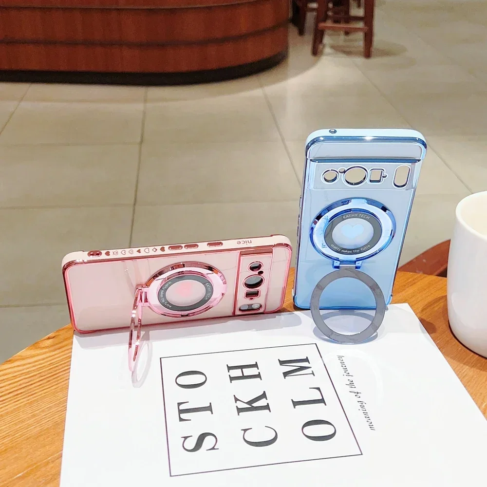Luxury MagSafe Bracket Case with Love Heart Ring Holder & Plating Silicone Cover