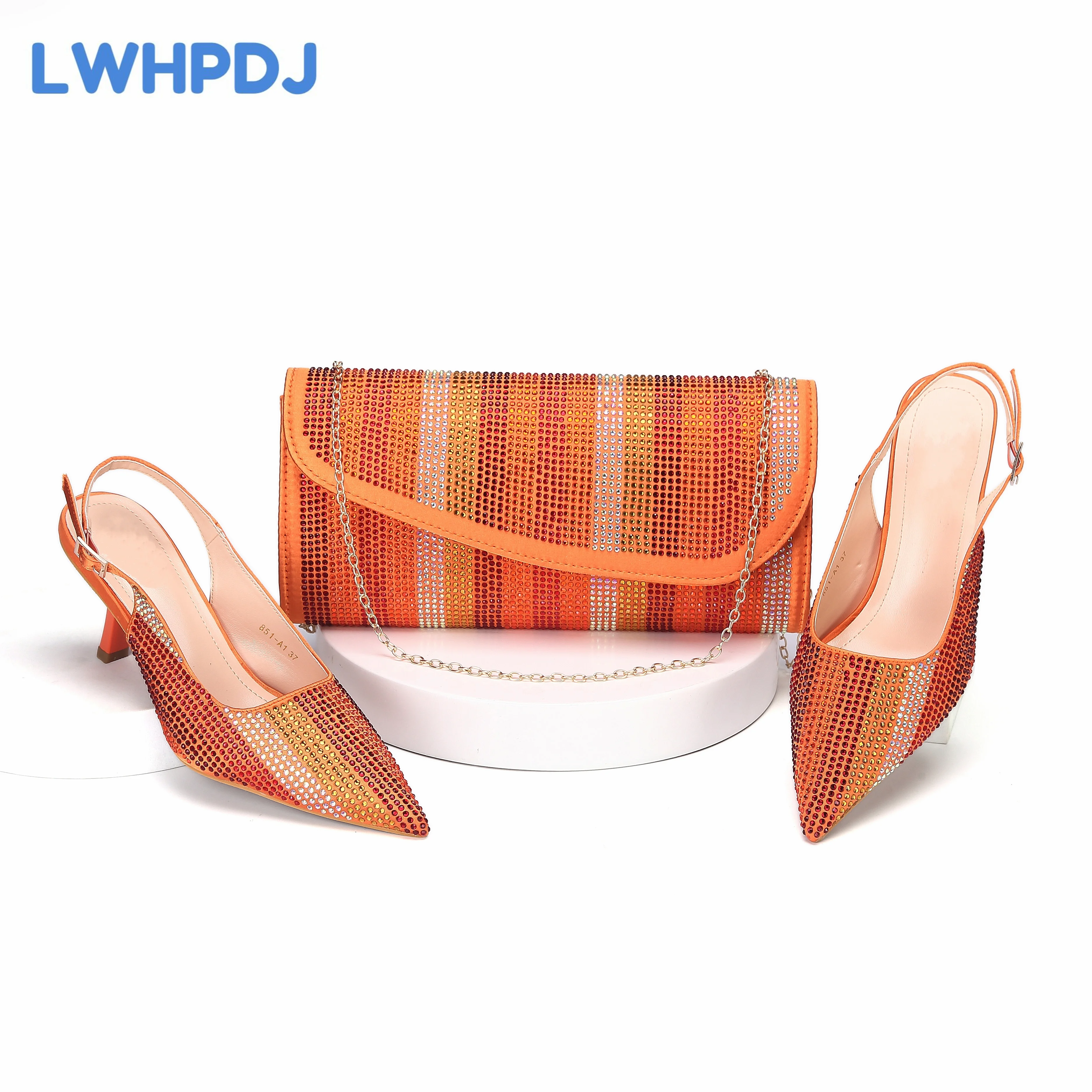 

Summer New Coming Orange Color Thin Heels Comtable Design Ladies Shoes Matching Bag Set For Dress Party
