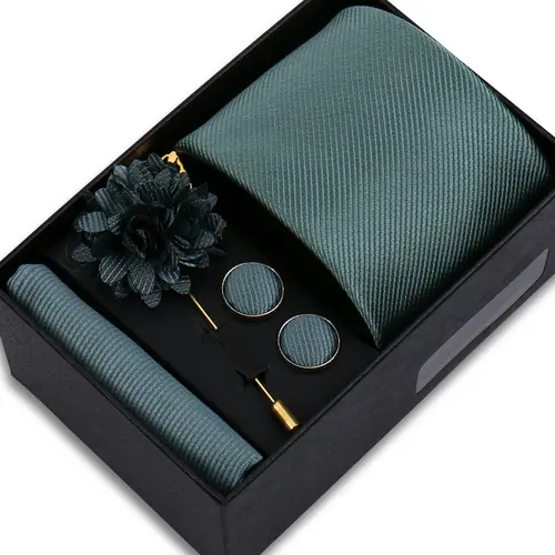 Top Quality Solid color Ties Hanky Cufflinks Brooch Set Elegant Jacquard Necktie For Men Business Wedding In Gift Box Gravatas - Image 20