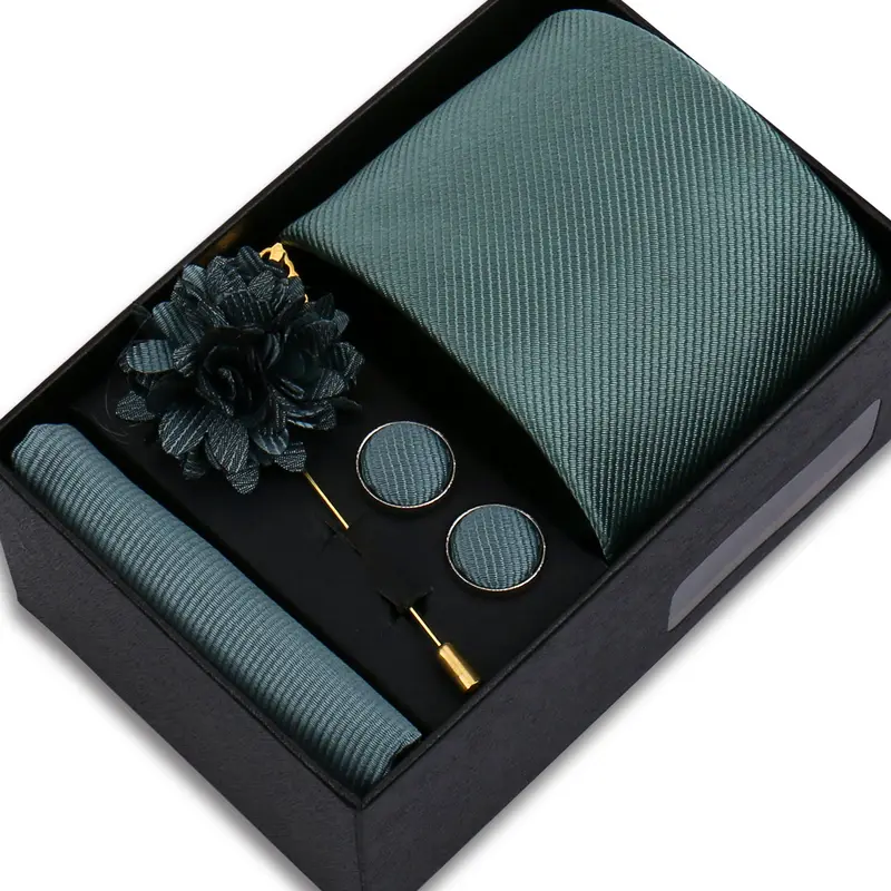 Top Quality Solid color Ties Hanky Cufflinks Brooch Set Elegant Jacquard Necktie For Men Business Wedding In Gift Box Gravatas - Image 20