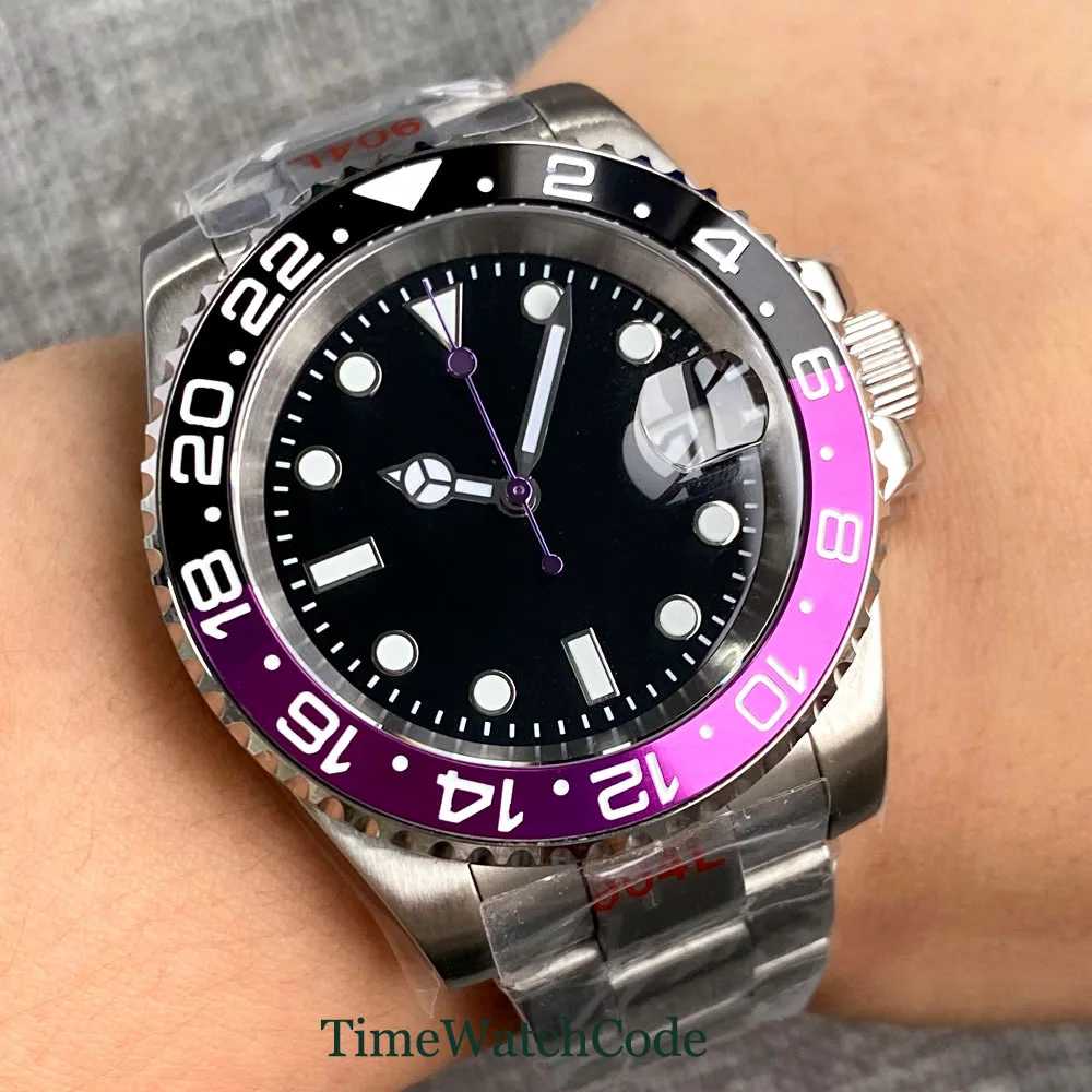 

40mm Bliger Automatic Watch for Men NH35 Movement 10ATM Water Resist Purple Seconds Sapphire Crystal Auto Date Steel Bracelet