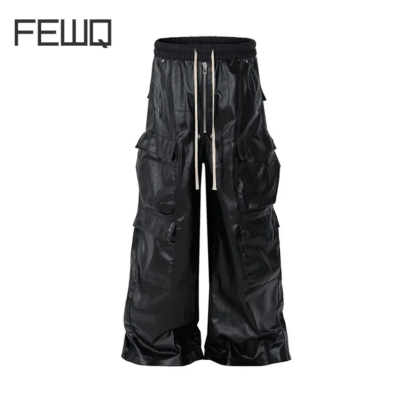 Trendy American Street Men's Work Pants PU Leather Pocket Wide Leg Trousers Solid Color Darkwear Male Casual 21Z7056 FEWQ