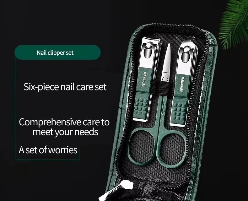 Description Picture 2 of itemGreen 6 Pcs Manicure Set With Leather Case Professional Foot And Face Care Tool Kits Stainless Steel Nail Clipper Sets Gift