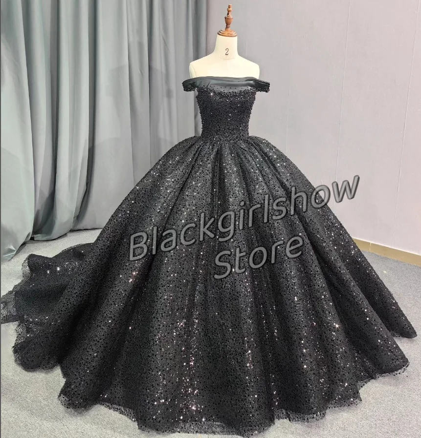 

Платье принцессы Черное Quinceanera 2024 роскошное инкрустированное блестками аппликация на одно плечо элегантное Королевское Платье вечернее платье