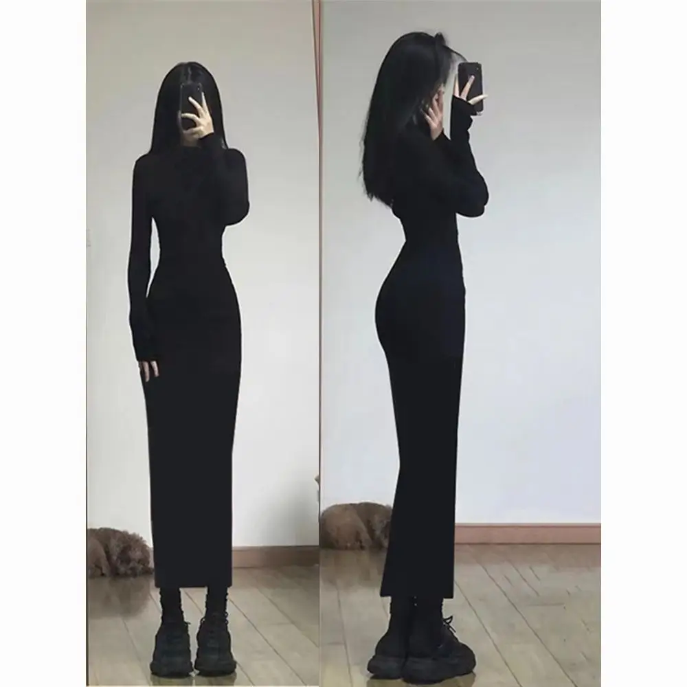 

Autumn Sexy Y2K Clothes Long Sleeve Bodycon Ankle Length Dresses for Women 2023 Club Party Streetwear Elegant Solid Outfits M677