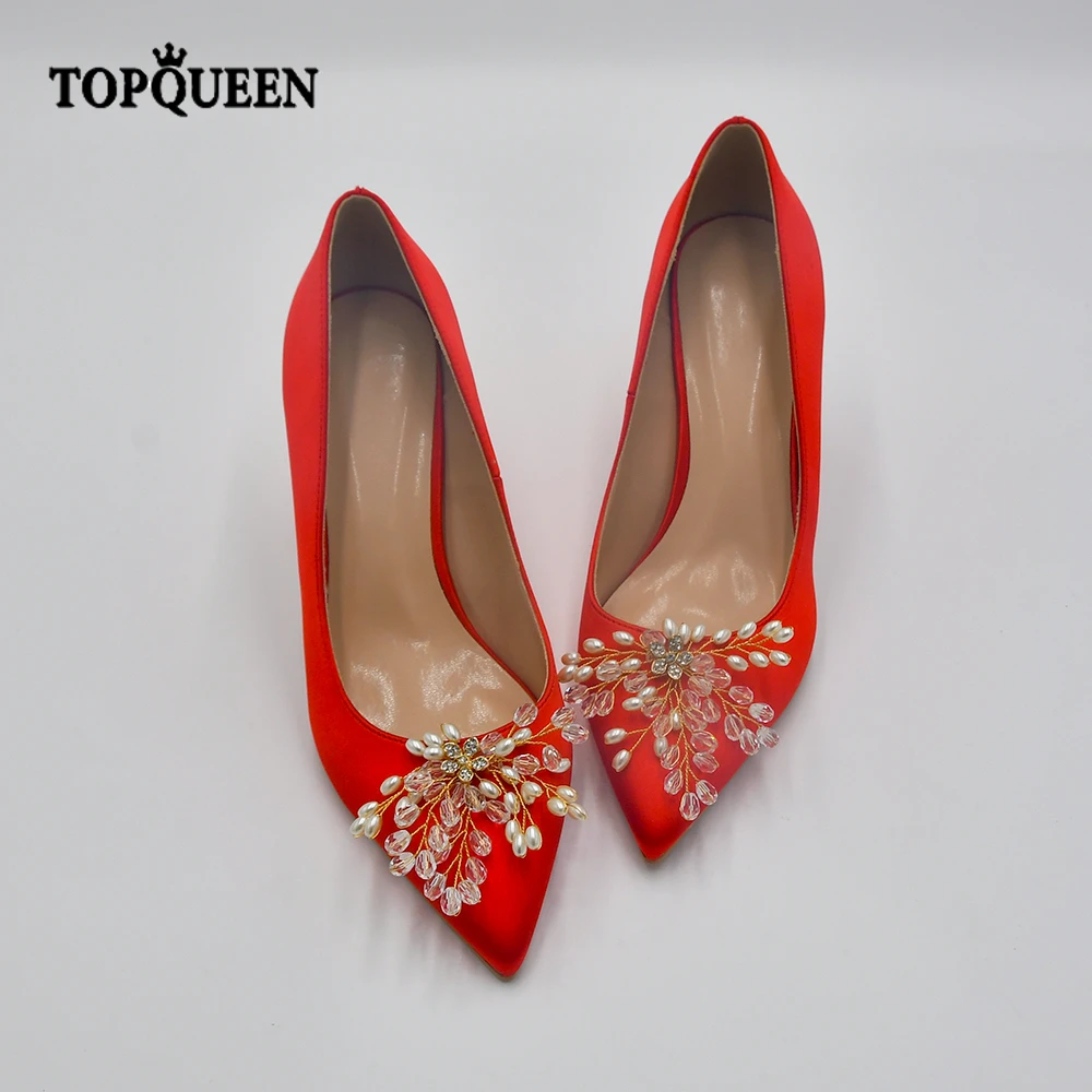 

TOPQUEEN New Bridal Shoes Wedding Shoes Women Rhinestone Pointed Red Satin High Heels Chunky Fashion Shoes A61