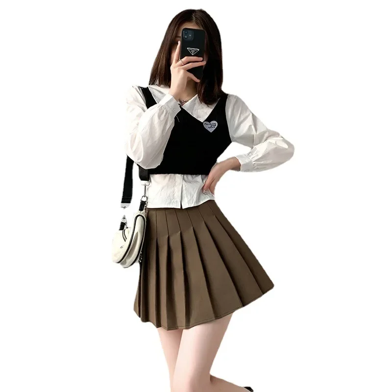 용수철 여성 체크무늬 A라인 플리츠 스커트, 일본 하이웨이스트 슬림 스커트, 화이트 숏 스커트, 라지 사이즈, 여름 신상