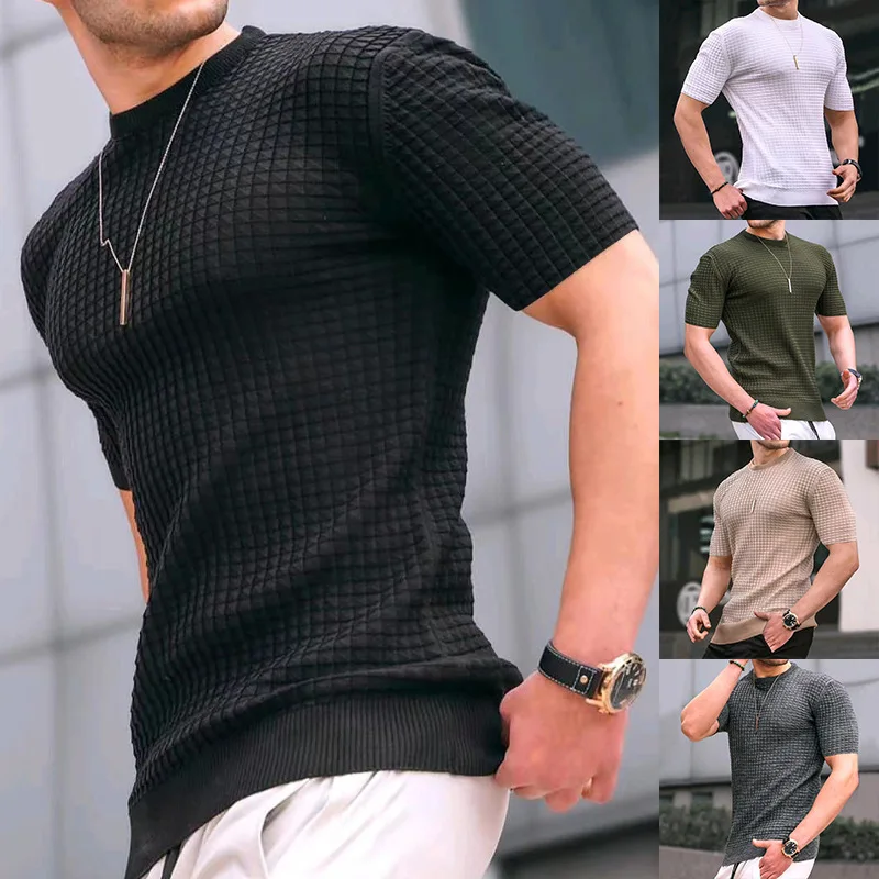 

2023 New Spring and Summer Men's Small Plaid T-shirt Crew Neck Casual Trendy Tops Big Vintage T Shirt Mens T Shirts