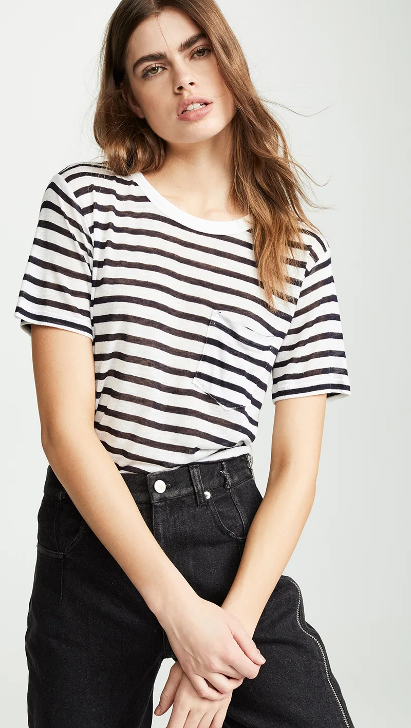 

2020 Summer Single Pocket Linen Round Neck Striped Short Sleeve T-shirt Women