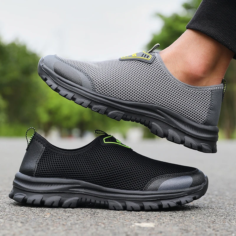 Outdoor Men's Slip on Shoes Cool in Summer Mesh Anti Slip Walking Shoes Fashion Breathable Comfortable Black Sneakers for Men
