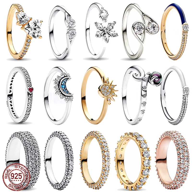 

2023 New 925 Sterling Silver Shiny All Zircon Charm Ring Sun Moon Love Ring Couple Anniversary Gift