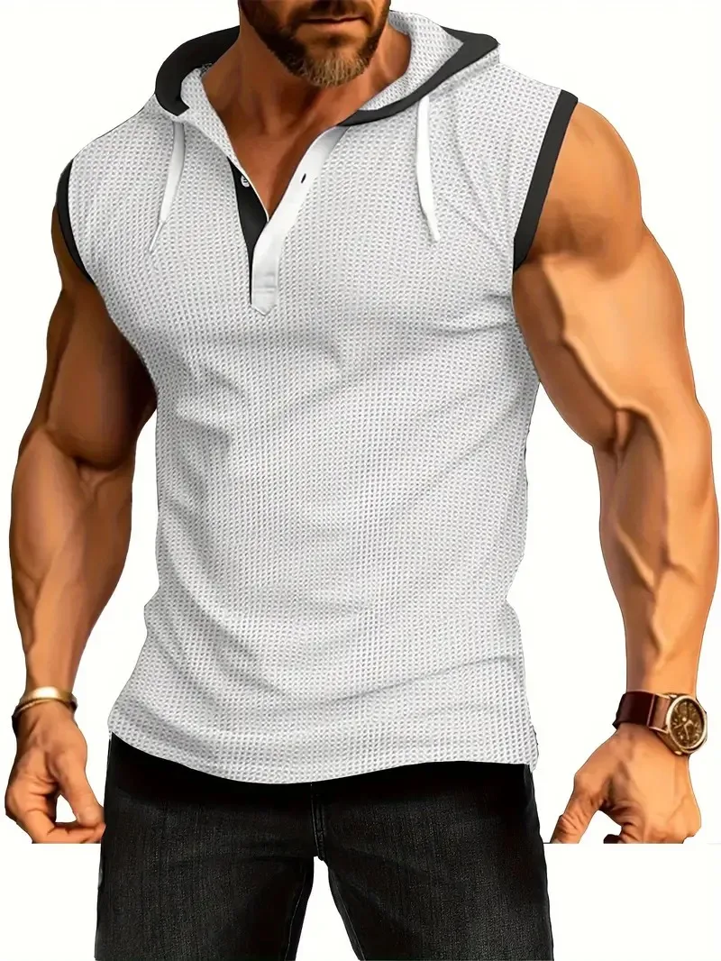 1 Piece Summer-Ready Men's Hooded Tank Top-Color-Blocked & Breathable, Sleeveless Gym Fitness Top with Adjustable Drawstring