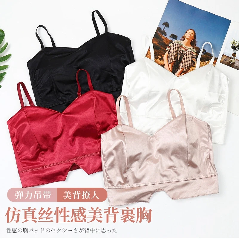 

Summer Silk Crop Tank Tops White Women Black Casual T Shirt Satin Tube Top Beach Party Wear Off Shoulder Cami Sexy Bras Lingerie