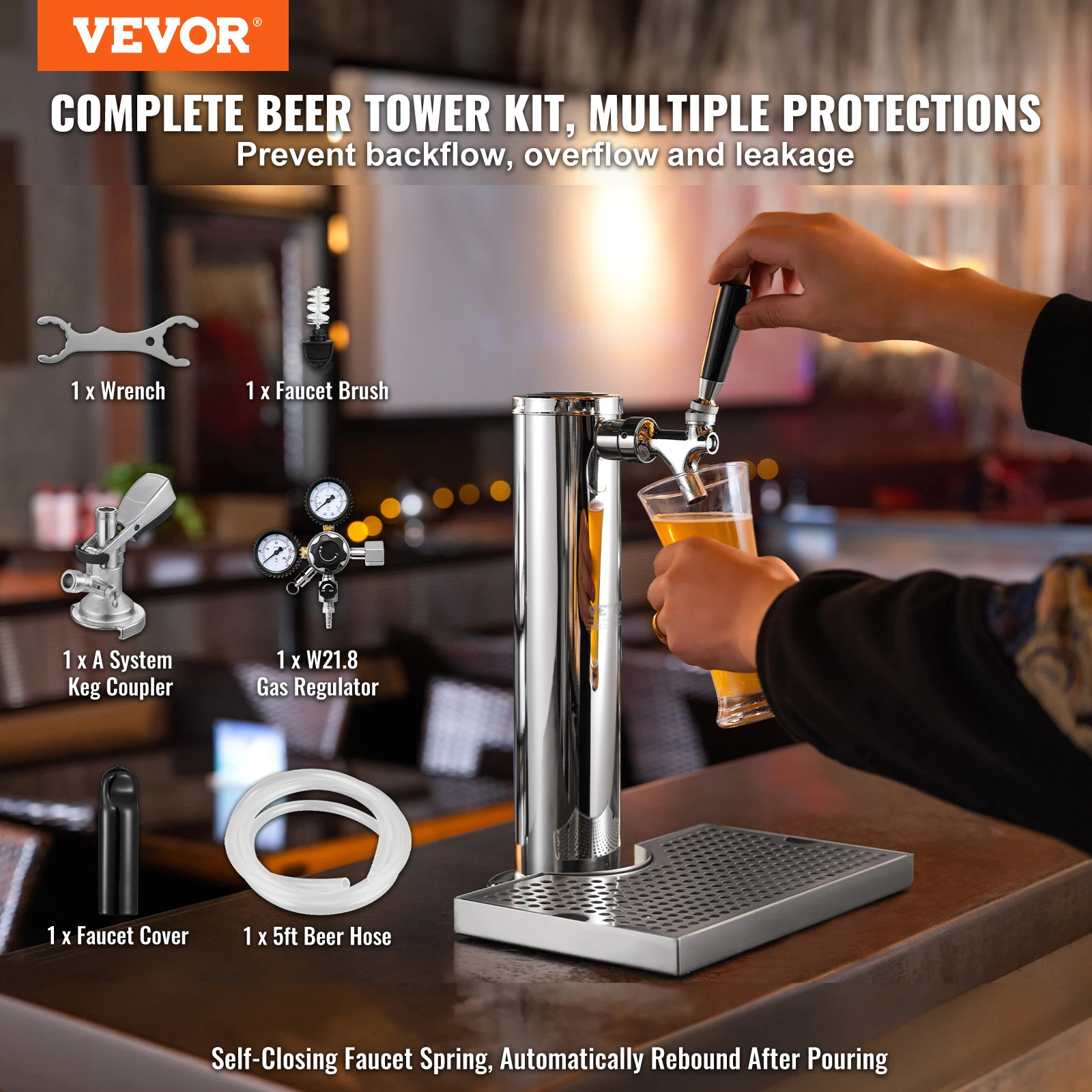VEVOR Kegerator Tower Kit Single Tap Beer Conversion Kit Stainless Steel Keg Beer Tower Dispenser Drip Tray for Party Home
