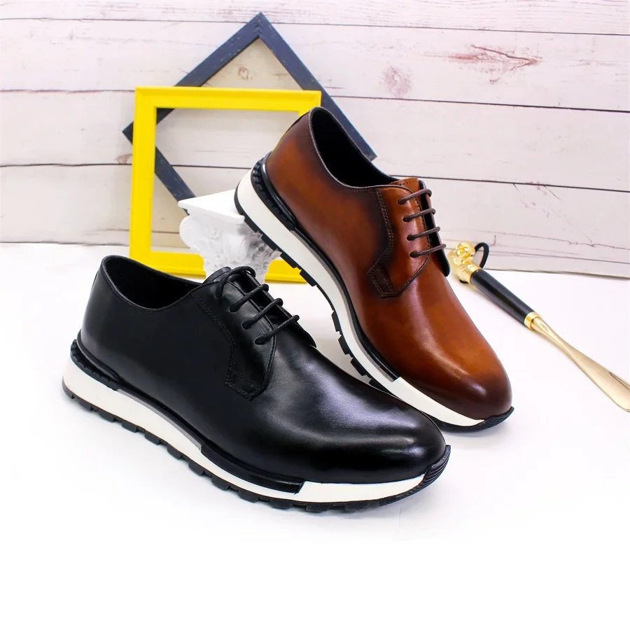 Men's Genuine Leather Shoes Anti-Slip Casual Sneakers Glossy Breathable Lace-Up Men's Wedding High-end Wedding Men's Shoes 4