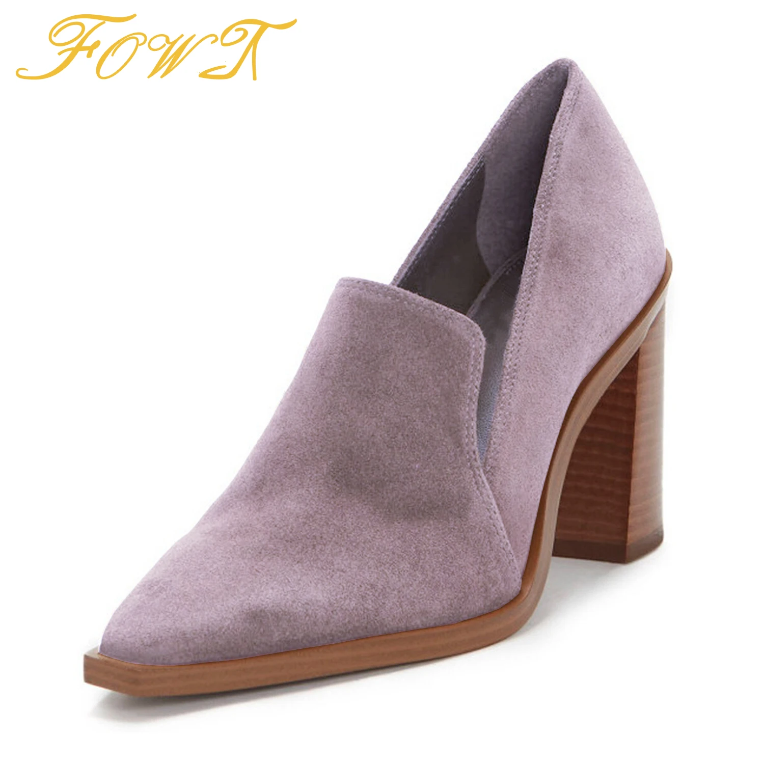 

Purple High Chunky Heels Suede Women's Pumps Square Toe Loafers Ladies Office Mature Autumn Shoes Slip-On Large Size 40 41 FOWT