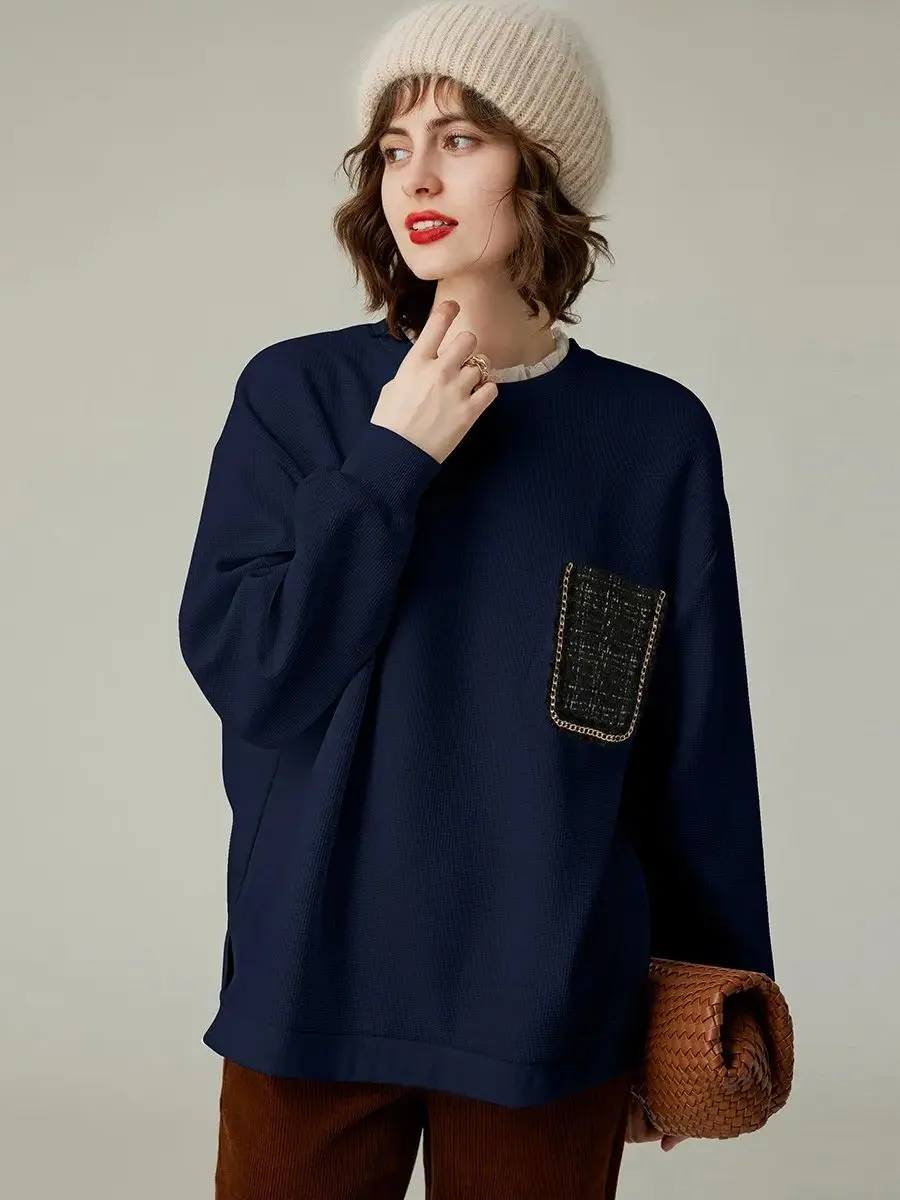 LOUIS YAO Women's Sweater 2023 Autumn Stringy Selvedge Round Neck Long Drop Sleeve Loose Fitting Pullover Women's Top