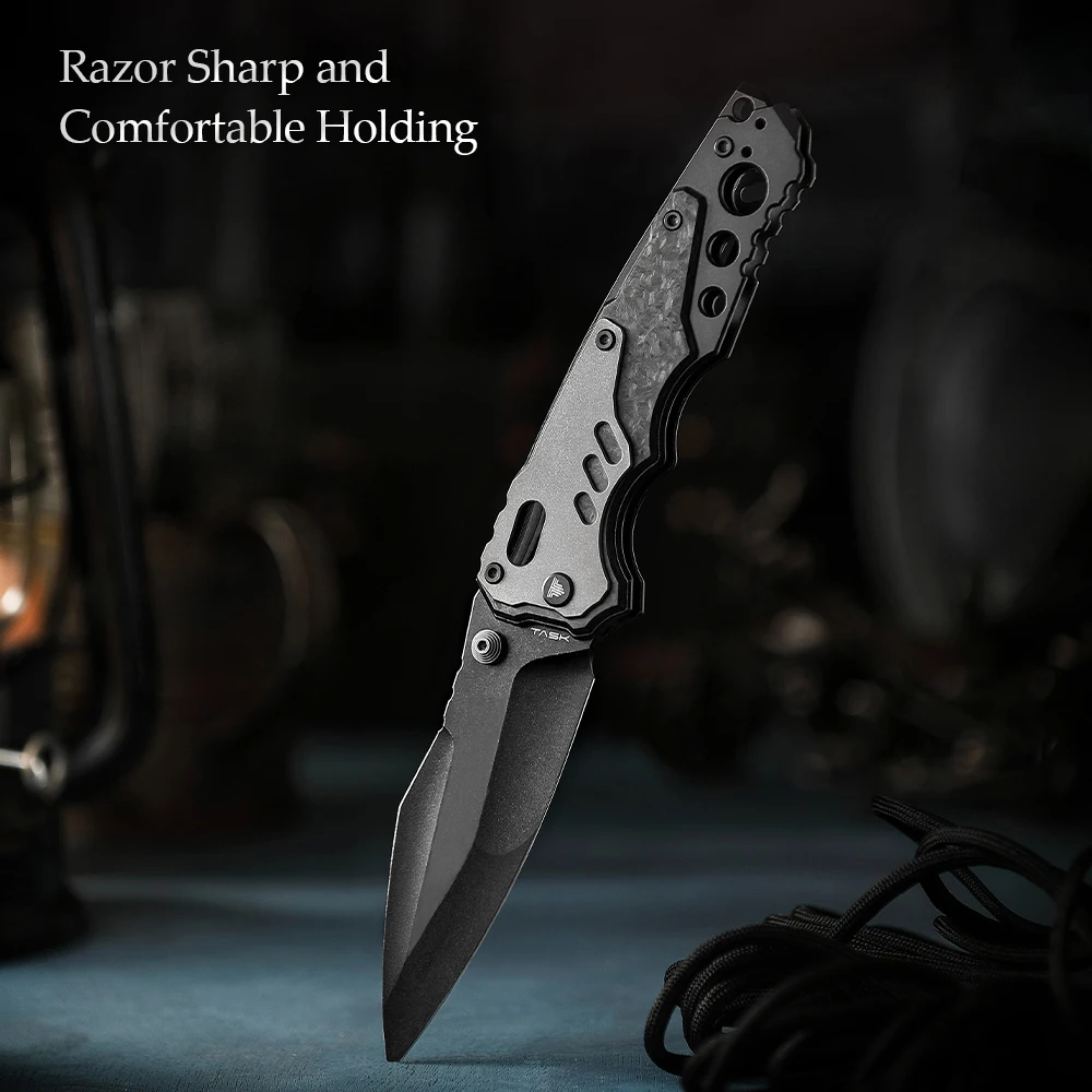 TRIVISA Axis Folding Pocket Knife for Men, Good Outdoor Knife with Clip，14C28N Steel Blade,Ti & Carbon Fiber Handle，Brass Gasket 5