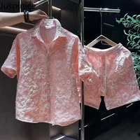 Summer Printed Short-sleeved Shirt Shorts Suit Men's Handsome Loose Casual High Street Personalized Tops Pants Male Clothes 1