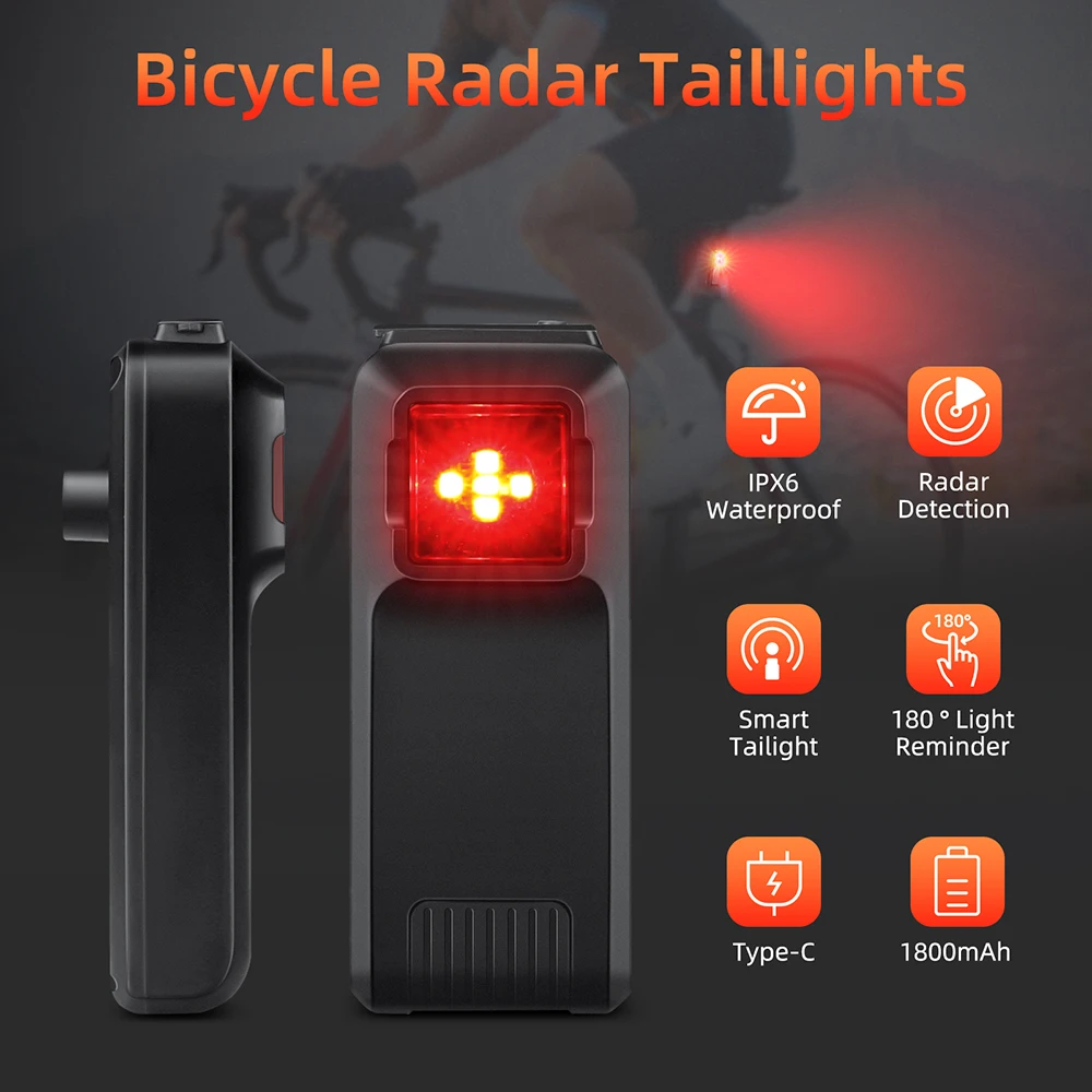 W100 Bicycle Radar Taillight Bike Rearview Sensor Compatibility with Cycling Cyclocomputer IPX6 Waterproof Brake Sensing Lamp bicycle taillight
