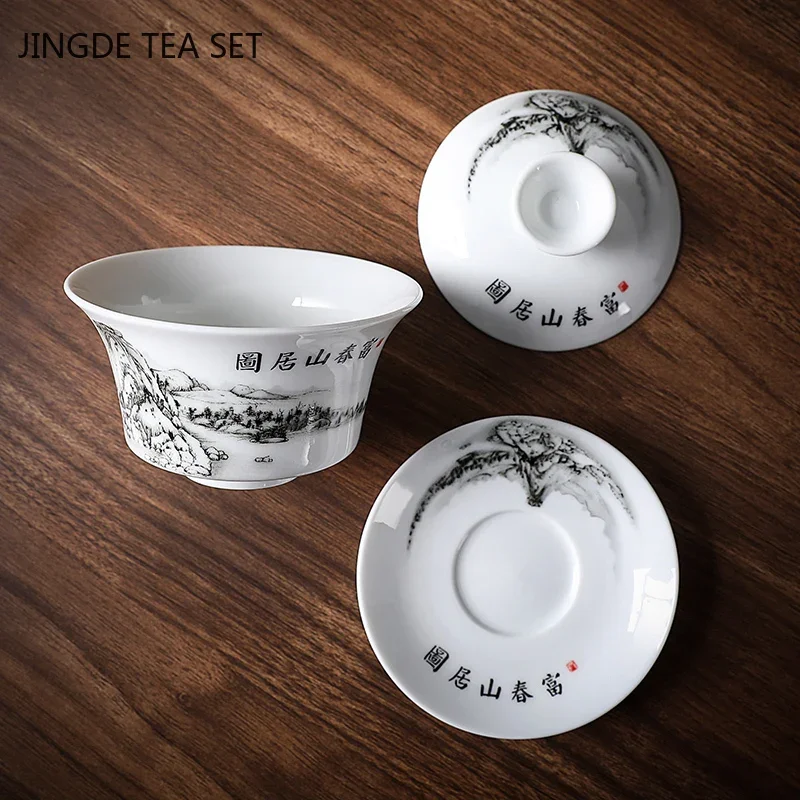 Chinese Blue and White Porcelain Gaiwan Portable Travel Tea Bowl Home Ceramic Teacup Handmade Teaware Personal Single Cup 140ml