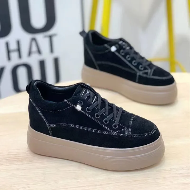 Women's Thick Bottom High Top Shoes Autumn Winter Casual Black Padded Flat Shoes Comfortable Sports Sneakers PU Leather