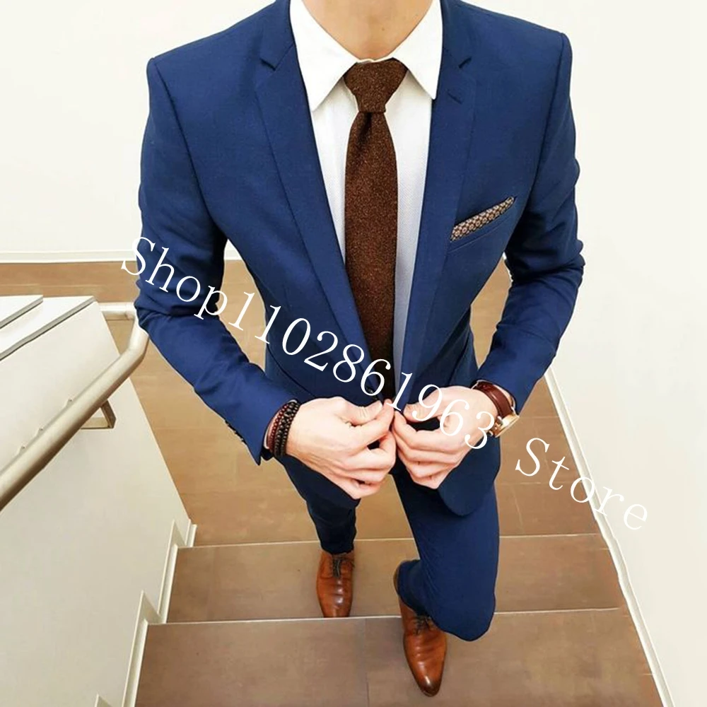 Blue Formal Men Suits For Wedding 2 Pieces Male Suits Groomsmen Bridegroom Groom Wear Tuxedos Blazer Pants Trajes De Hombre