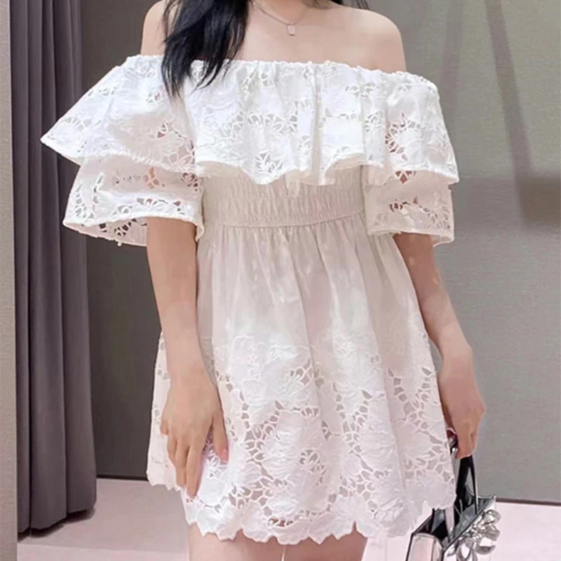 

Women Dress Lace Hollow Out Ruffles White Mini Dress Off-Shoulder Female Temperament A-Line Robe Women Dresses