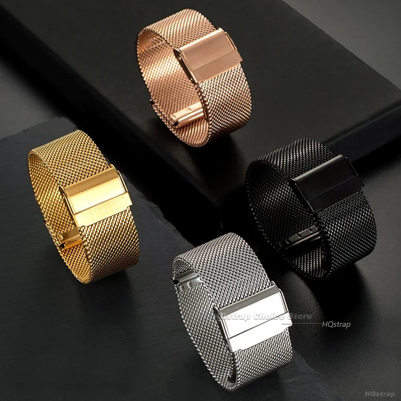 Elegant Milanese Stainless Steel Mesh Watchband Bracelet in Black & Rose Gold