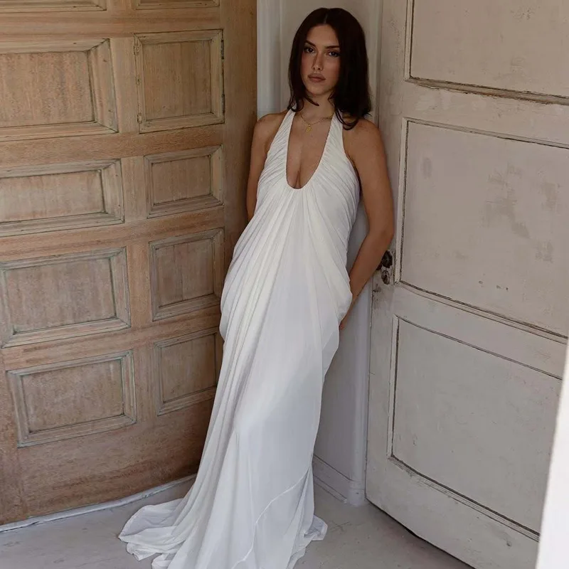 New Summer 2026 Women's Neck Fashion Halter V-neck Mesh Long Dress Fashionable and Elegant White Sexy Pleated Evening Dress