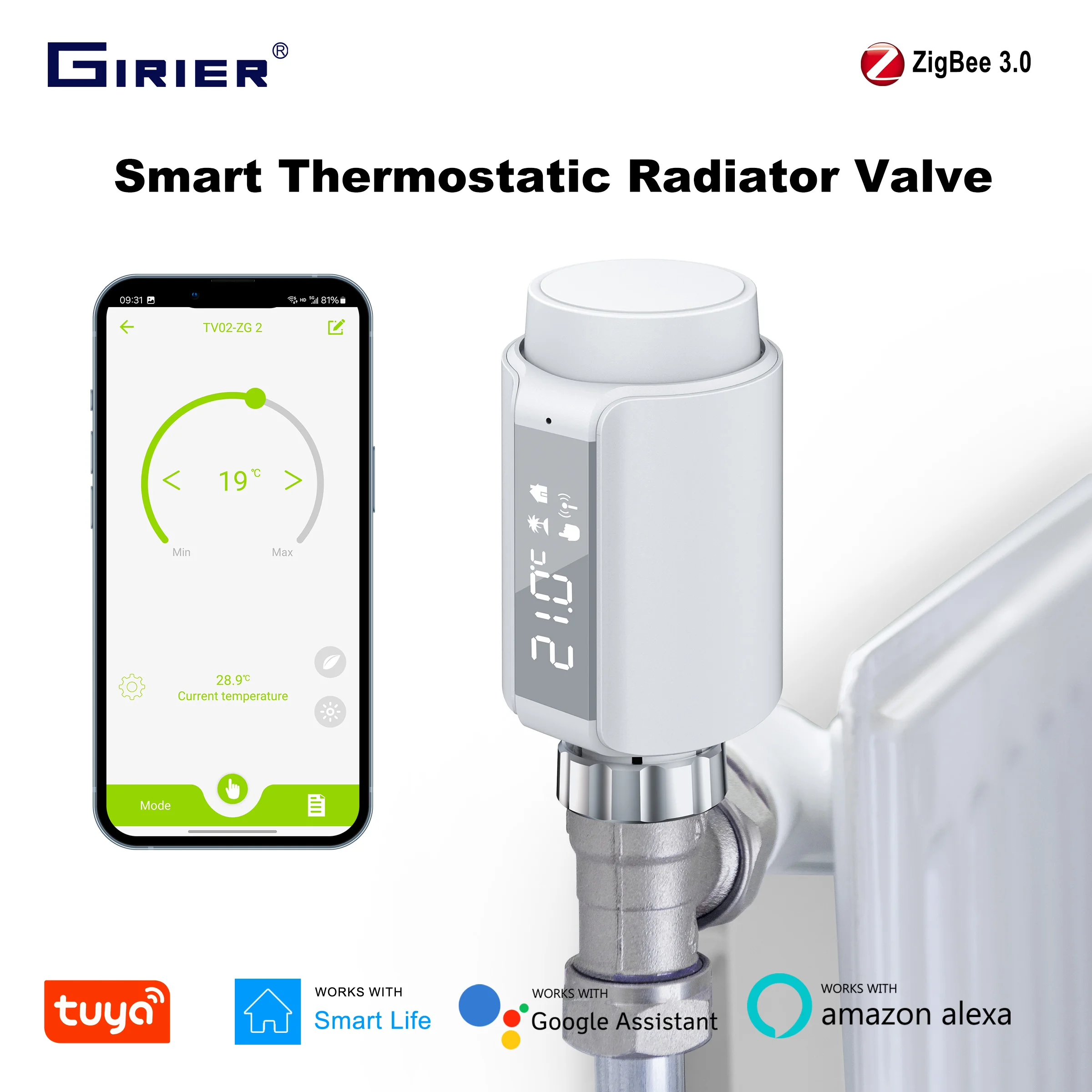 Smart Thermostatic Radiator Valve GIRIER TRV Smart Thermostatic Radiator Valve ZigBee Programmable Temperature Controller Smart Thermostat Radiator Supports Alexa